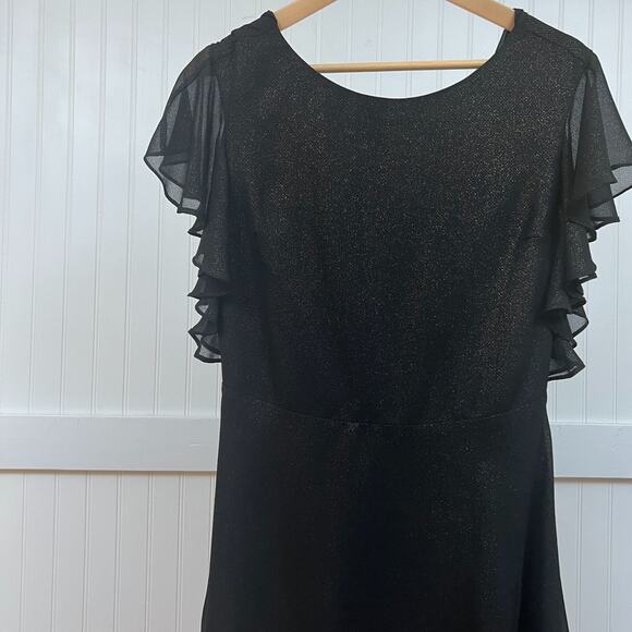 H Halston Black Gold Shimmer Ruffle Flutter Sleeve Dress Cocktail Party LBD 0 - Picture 4 of 14